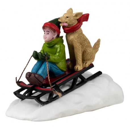 Enfant et chien sur luge Lemax